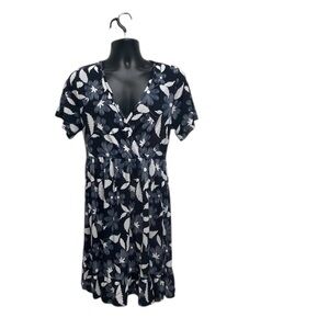 Espresso Navy/White Floral Midi Dress Size 12 (Approx) V-Neck Flowy Boho Style